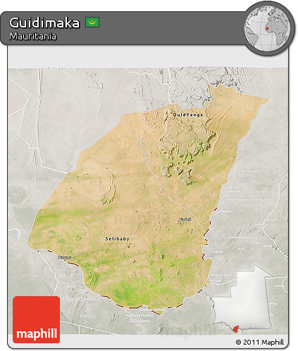 Satellite 3D Map of Guidimaka, lighten, semi-desaturated