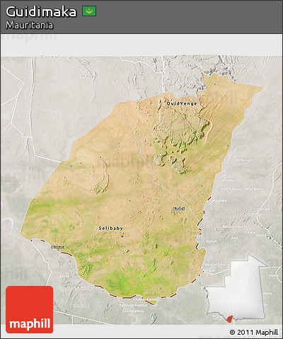Satellite 3D Map of Guidimaka, lighten, semi-desaturated