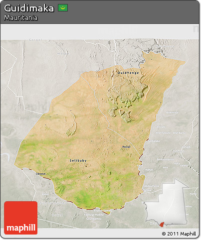 Satellite 3D Map of Guidimaka, lighten, semi-desaturated