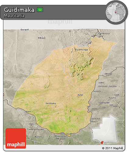 Satellite 3D Map of Guidimaka, semi-desaturated