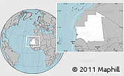 Blank Location Map of Mauritania, gray outside, hill shading outside