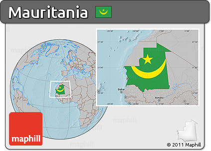 Flag Location Map of Mauritania, gray outside, hill shading outside
