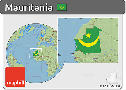 Flag Location Map of Mauritania, savanna style outside