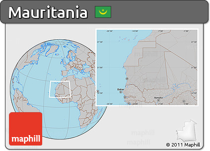 Gray Location Map of Mauritania, hill shading inside