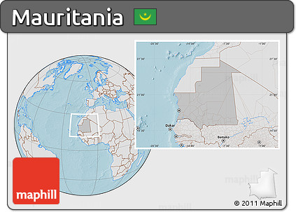Gray Location Map of Mauritania, lighten, land only, hill shading