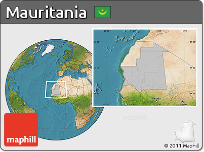 Gray Location Map of Mauritania, satellite outside, hill shading