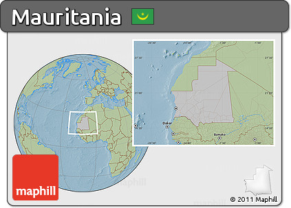 Gray Location Map of Mauritania, savanna style outside, hill shading