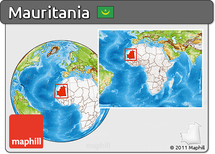 Physical Location Map of Mauritania, highlighted continent, within the entire continent