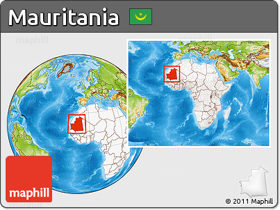 Physical Location Map of Mauritania, highlighted continent, within the entire continent