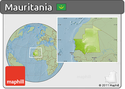 Physical Location Map of Mauritania, savanna style outside, hill shading