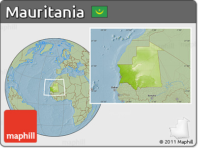 Physical Location Map of Mauritania, savanna style outside, hill shading