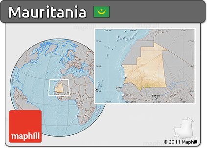 Satellite Location Map of Mauritania, gray outside, hill shading