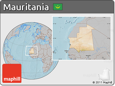 Satellite Location Map of Mauritania, gray outside, hill shading