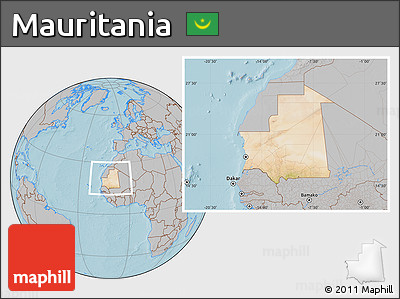 Satellite Location Map of Mauritania, gray outside, hill shading
