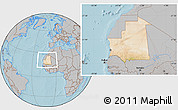Satellite Location Map of Mauritania, gray outside, hill shading