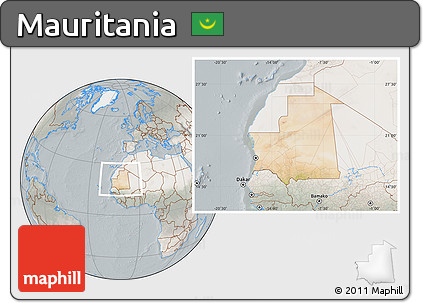 Satellite Location Map of Mauritania, lighten, semi-desaturated