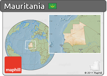 Satellite Location Map of Mauritania, savanna style outside, hill shading
