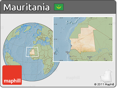 Satellite Location Map of Mauritania, savanna style outside, hill shading