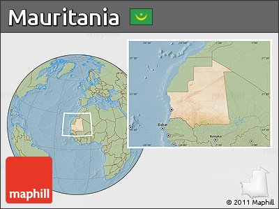 Satellite Location Map of Mauritania, savanna style outside, hill shading