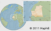 Satellite Location Map of Mauritania, savanna style outside, hill shading