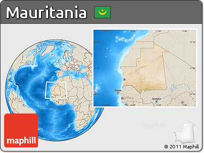 Satellite Location Map of Mauritania, shaded relief outside
