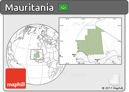 Savanna Style Location Map of Mauritania, blank outside, hill shading inside