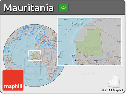 Savanna Style Location Map of Mauritania, gray outside, hill shading