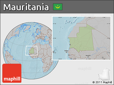 Savanna Style Location Map of Mauritania, gray outside, hill shading
