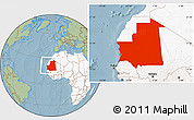 Savanna Style Location Map of Mauritania, highlighted continent, hill shading