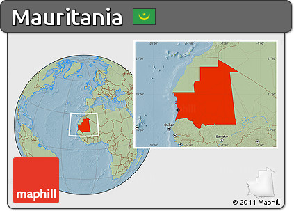 Savanna Style Location Map of Mauritania, hill shading