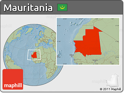 Savanna Style Location Map of Mauritania, hill shading