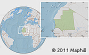 Savanna Style Location Map of Mauritania, lighten, desaturated, land only, hill shading