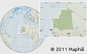 Savanna Style Location Map of Mauritania, lighten, hill shading