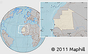 Shaded Relief Location Map of Mauritania, gray outside, hill shading