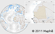 Shaded Relief Location Map of Mauritania, lighten, desaturated