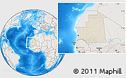 Shaded Relief Location Map of Mauritania, lighten, semi-desaturated, land only