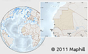 Shaded Relief Location Map of Mauritania, lighten, semi-desaturated
