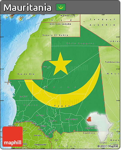 Flag Map of Mauritania, physical outside, bathymetry sea, flag centered