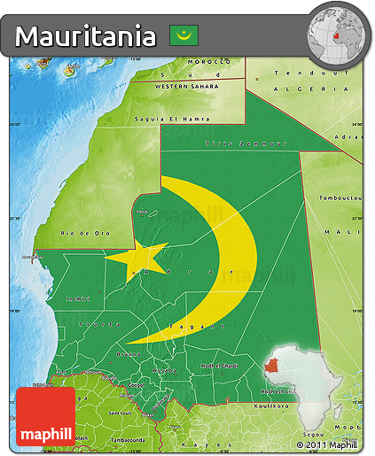Flag Map of Mauritania, physical outside, bathymetry sea, flag rotated