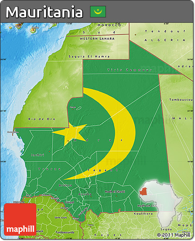 Flag Map of Mauritania, physical outside, bathymetry sea, flag rotated