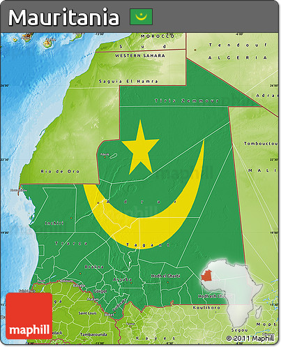 Flag Map of Mauritania, physical outside, bathymetry sea