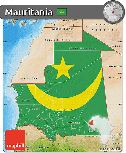 Flag Map of Mauritania, satellite outside, bathymetry sea, flag centered