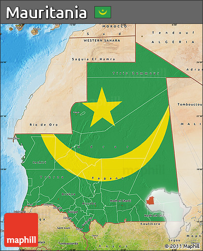 Flag Map of Mauritania, satellite outside, bathymetry sea, flag centered