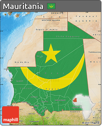 Flag Map of Mauritania, satellite outside, bathymetry sea, flag centered