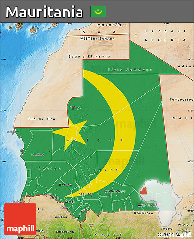 Flag Map of Mauritania, satellite outside, bathymetry sea, flag aligned to the middle
