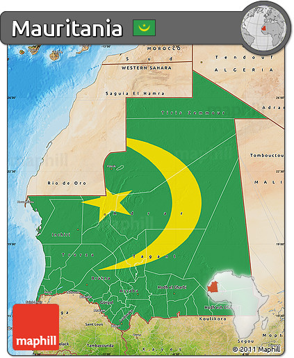 Flag Map of Mauritania, satellite outside, bathymetry sea, flag rotated