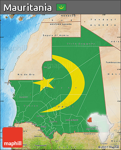 Flag Map of Mauritania, satellite outside, bathymetry sea, flag rotated