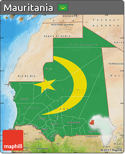 Flag Map of Mauritania, satellite outside, bathymetry sea, flag rotated