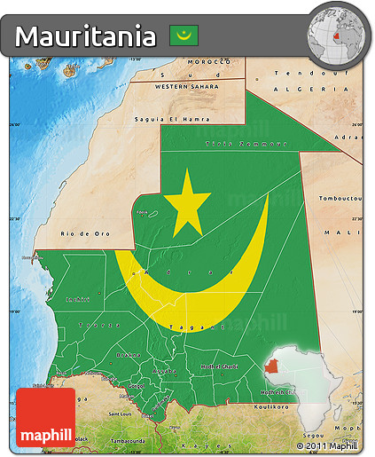 Flag Map of Mauritania, satellite outside, bathymetry sea
