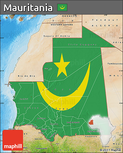 Flag Map of Mauritania, satellite outside, bathymetry sea